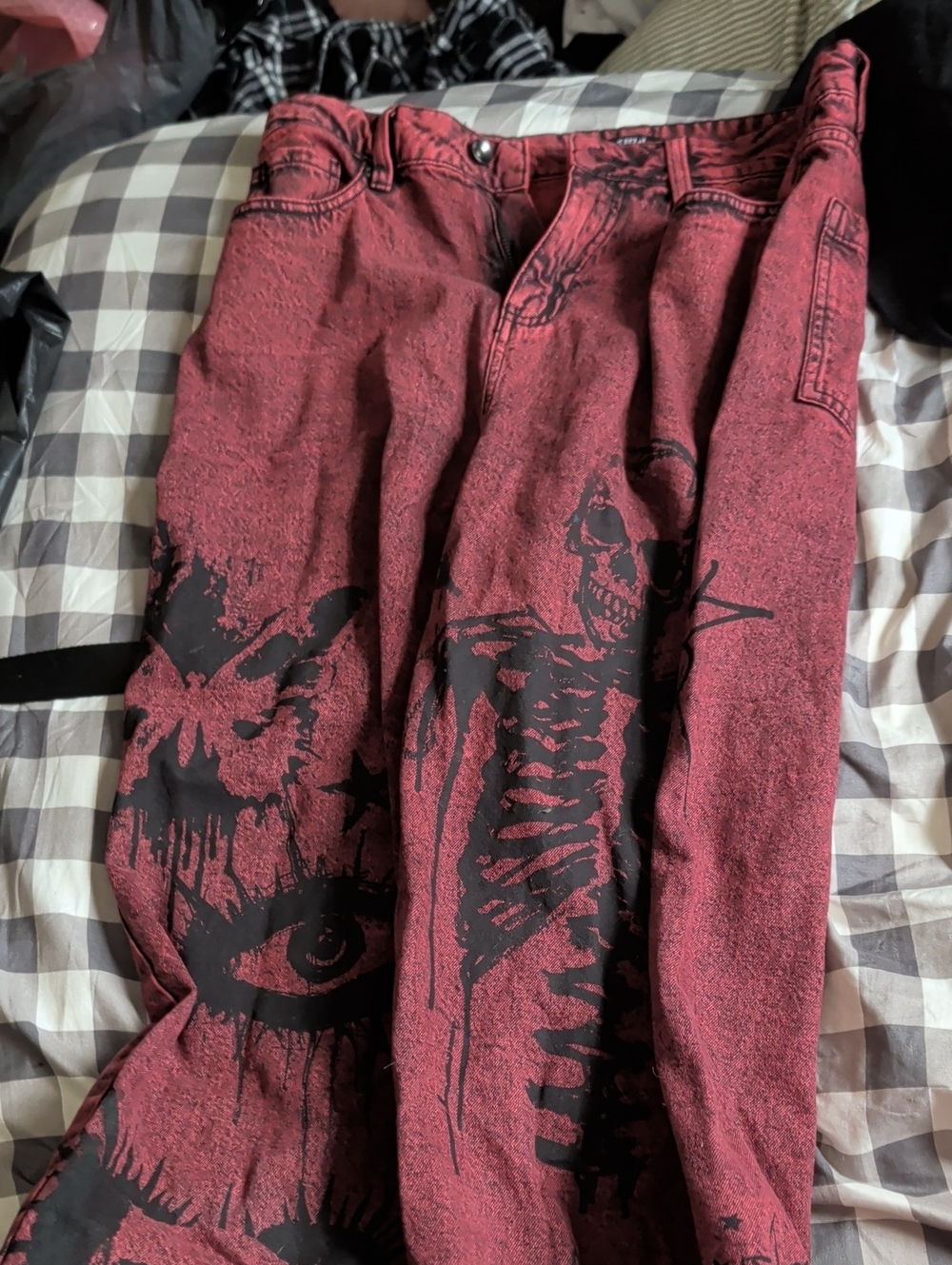 Men's Red Graphic Relaxed Jeans with Black Skeleton Print